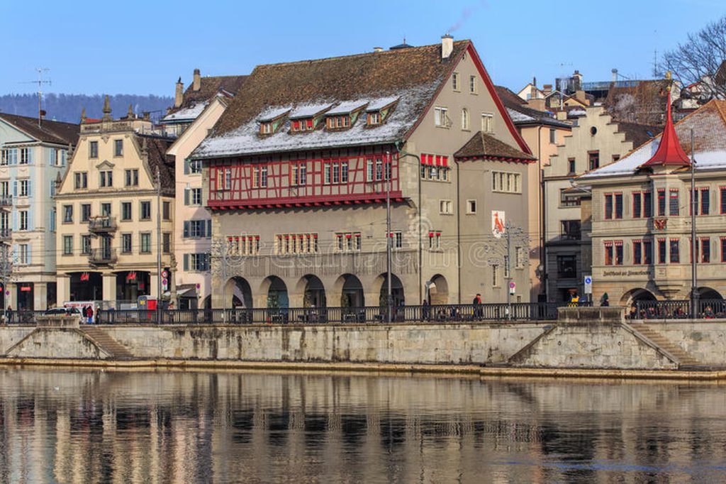 Decorative guild halls lining the river in Zurich